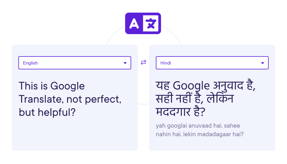 Illustration graphic showing English translated to Hindi through Google Translate