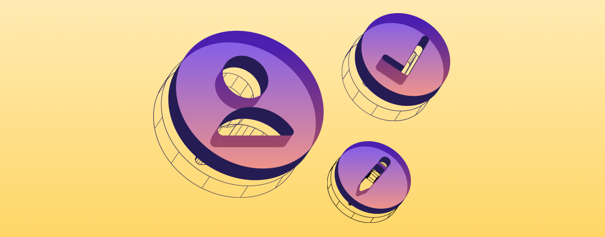 A graphic with three 3D icons representating a person, tick and pencil