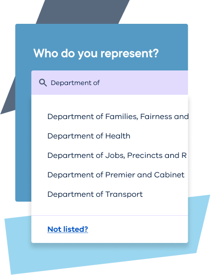 Graphic showing a list of "who do you represent", including Dept of Families and Dept of Health