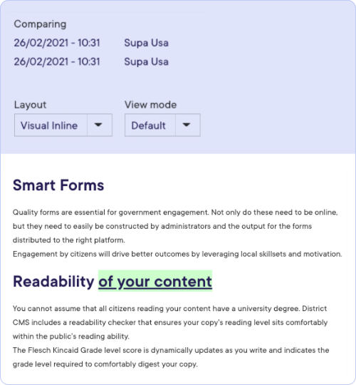 Example of inline content comparision using District Platform's comparison tool