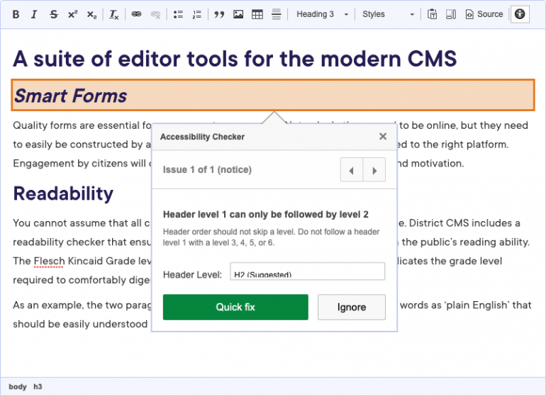 An example of District Platform's inline accessibility checker that is highlighting an error in HTML heading hierachy