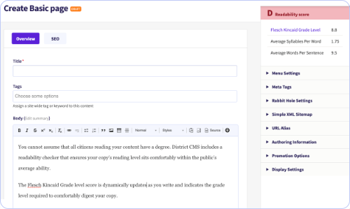 An example of District Platform's Flesch-Kincaid dynamically displayed grade score