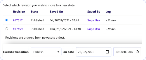 A list of of revisions allowing a single revision selection that allows publishing options on specific dates